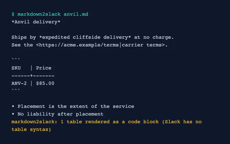 markdown2slack in use